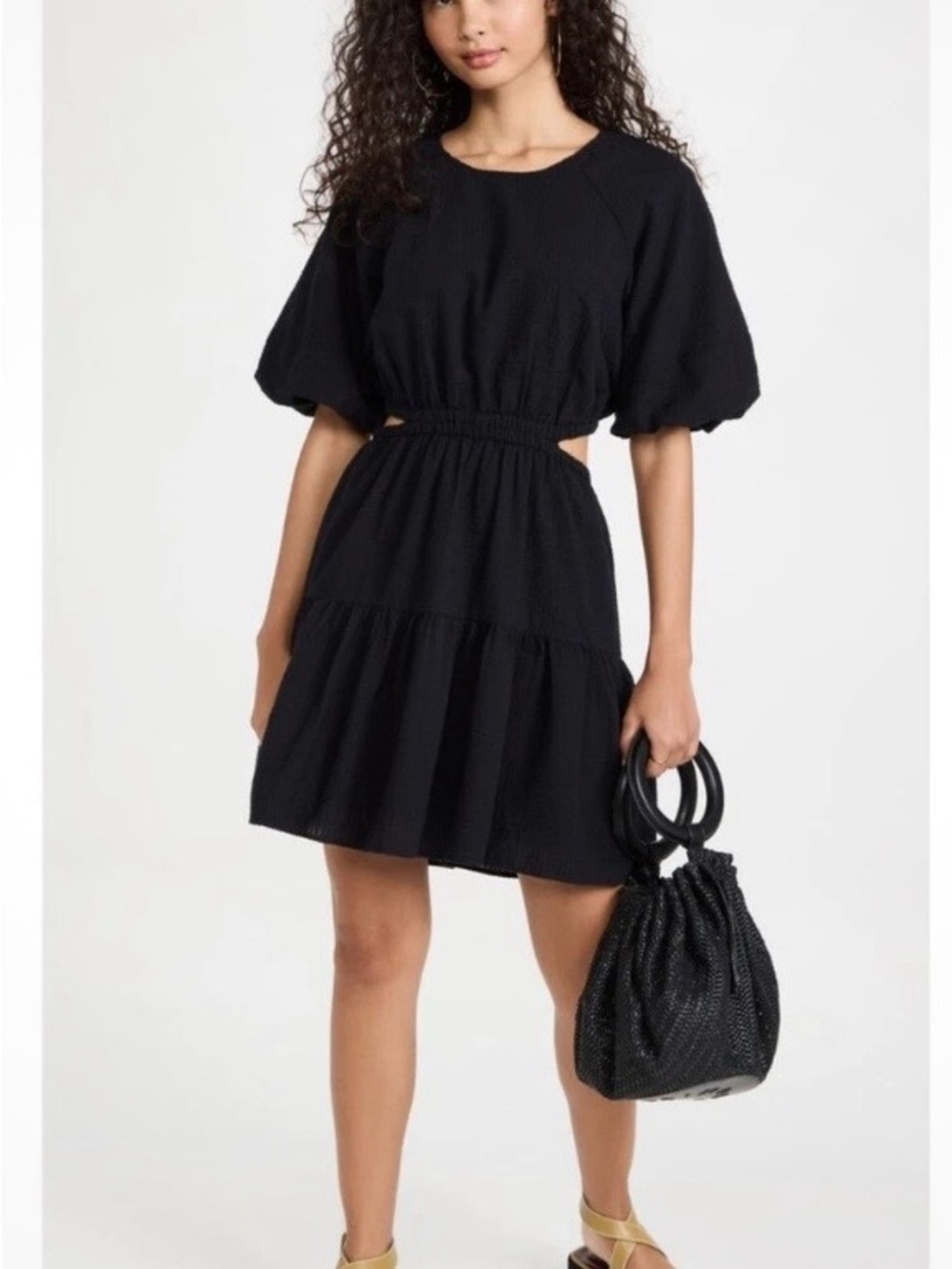 Madewell Black Seersucker Puff-Sleeve Tiered Back Cut~Out‎ Mini Dress Sz M